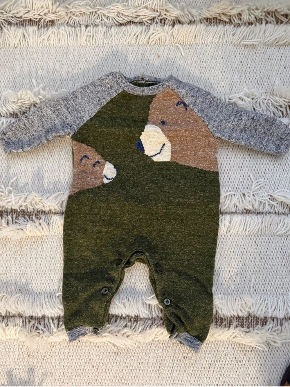 BABY GAP Olive Green & Gray Bear Knit One-Piece & Gray Onesie Sz 0-3 mos